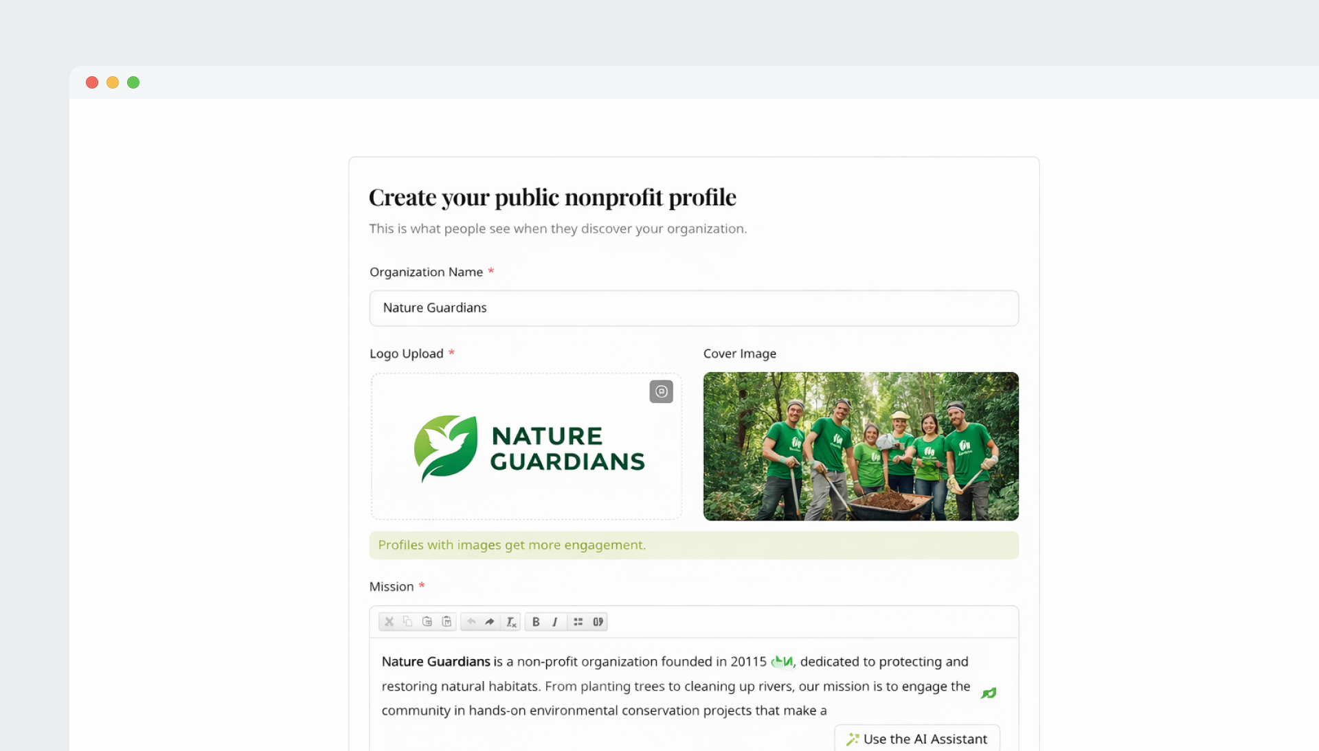 Create your nonprofit profile